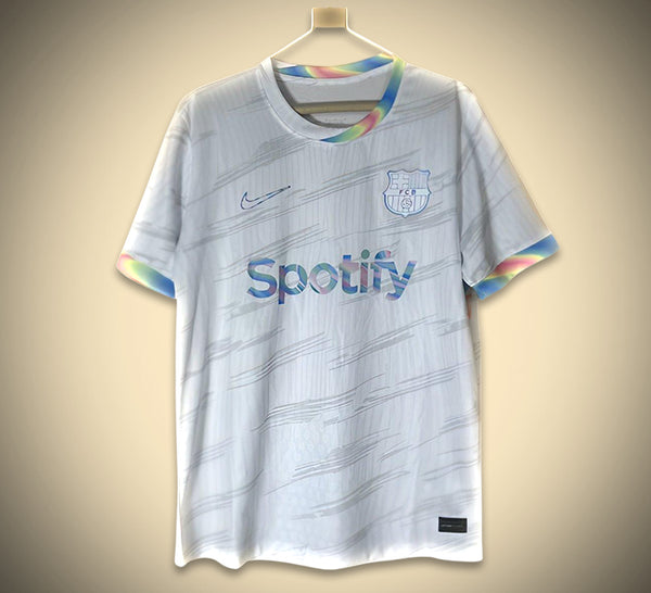 Maillot de football Nike blanc Barcelone 25/26 avec sponsoring Spotify et touches arc-en-ciel