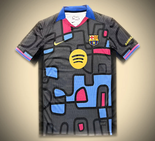 Maillot FC Barcelone noir à motif abstrait bleu et rose 25/26