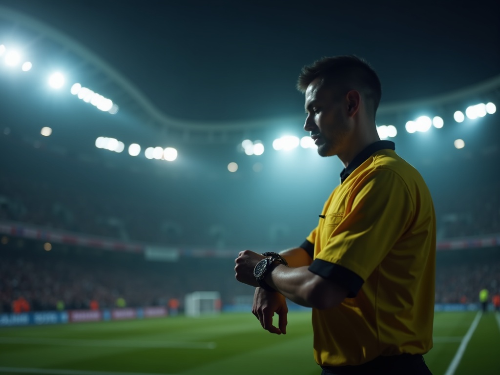 Arbitre consultant sa montre lors d'un match de football professionnel