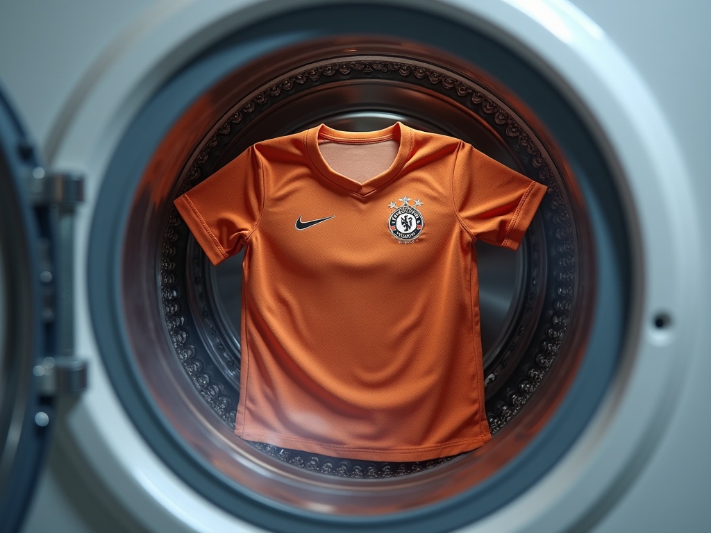 Maillot de foot retourné à l'envers dans un tambour de machine à laver réglée à 30 °C