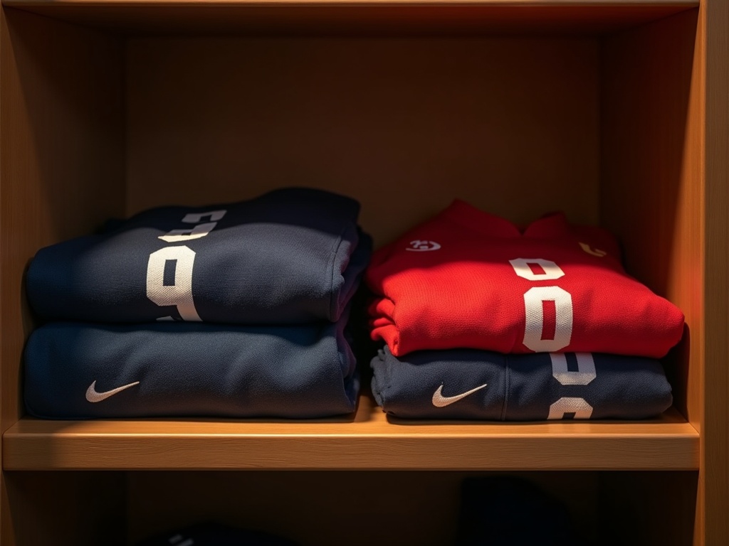 Maillots de foot floqués pliés à plat sur une étagère en bois
