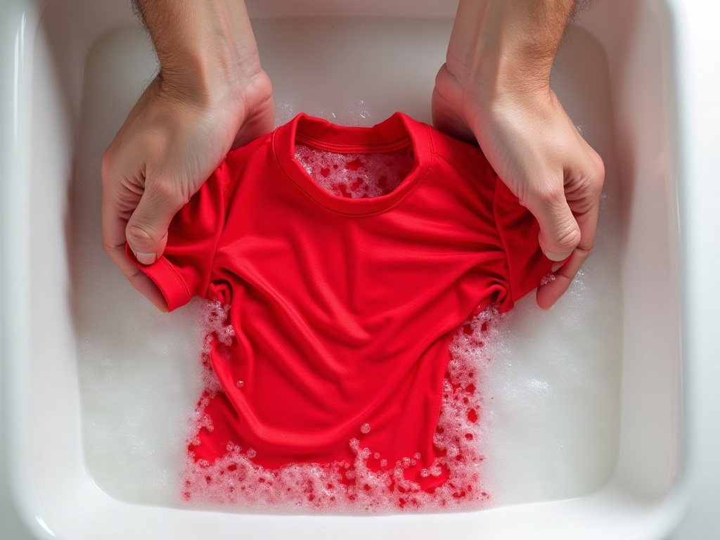 Mains plongeant un maillot de foot rouge dans une bassine d'eau savonneuse