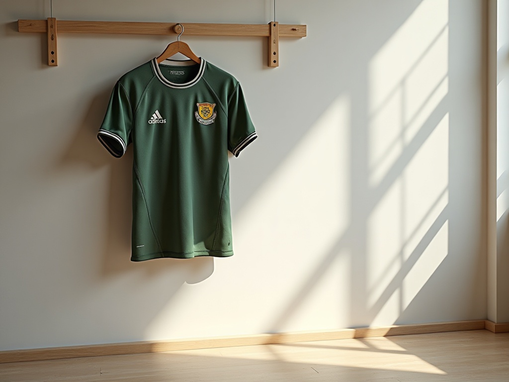 Maillot de foot suspendu sur un cintre large pour sécher à l'ombre
