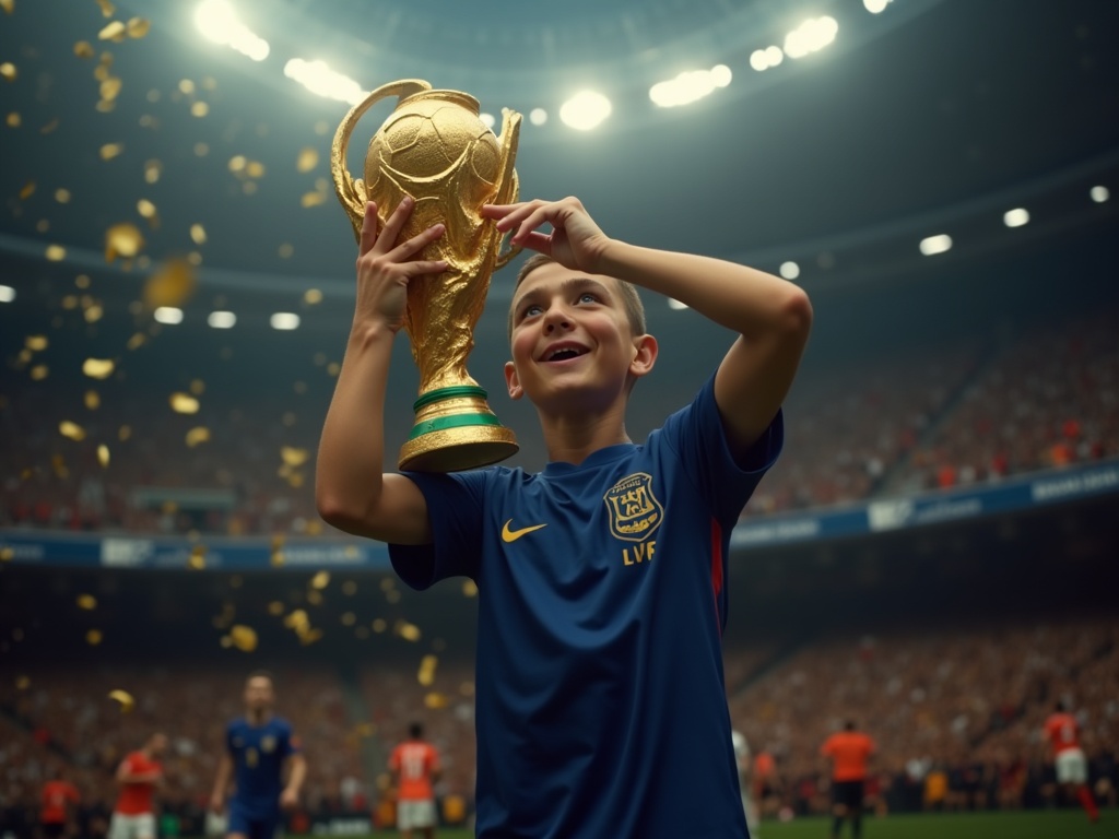 Joueur français soulevant la Coupe du monde 2018 avec le maillot deux étoiles