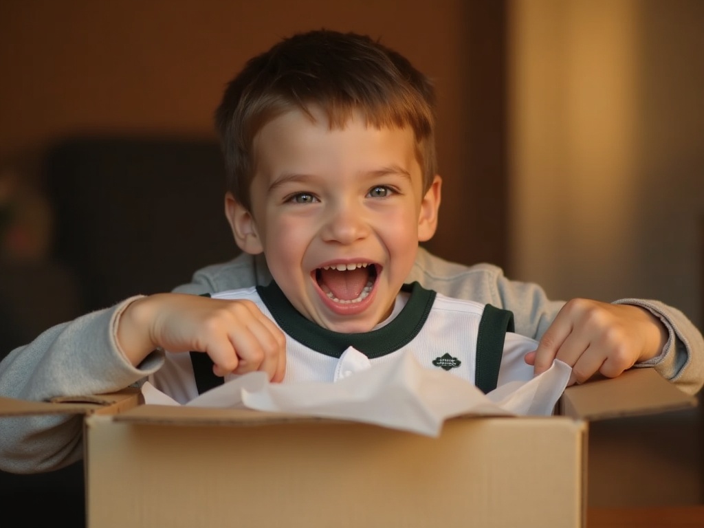 Enfant qui découvre son maillot de foot dans un carton cadeau