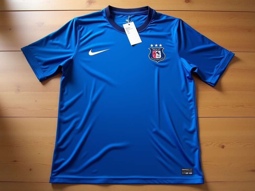 Maillot officiel de l'équipe de France posé sur une table avec étiquette de prix