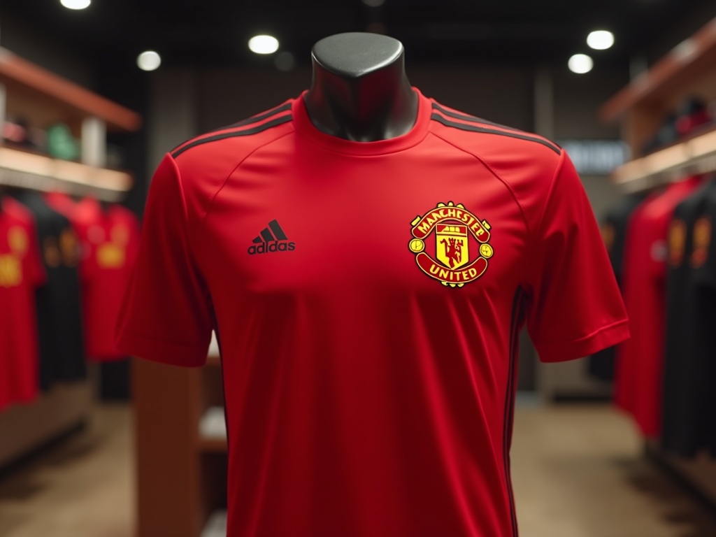 Maillot de foot Manchester United rouge sur mannequin en boutique officielle