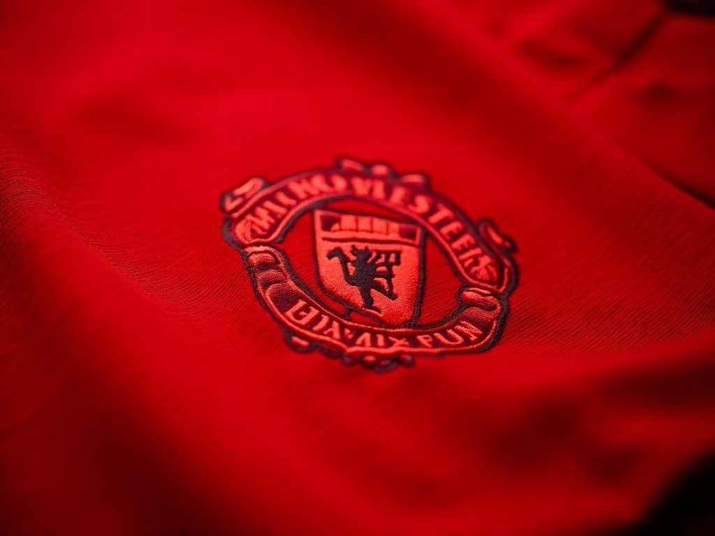 Gros plan sur le tissu et le blason brodé d'un maillot de foot Manchester United officiel