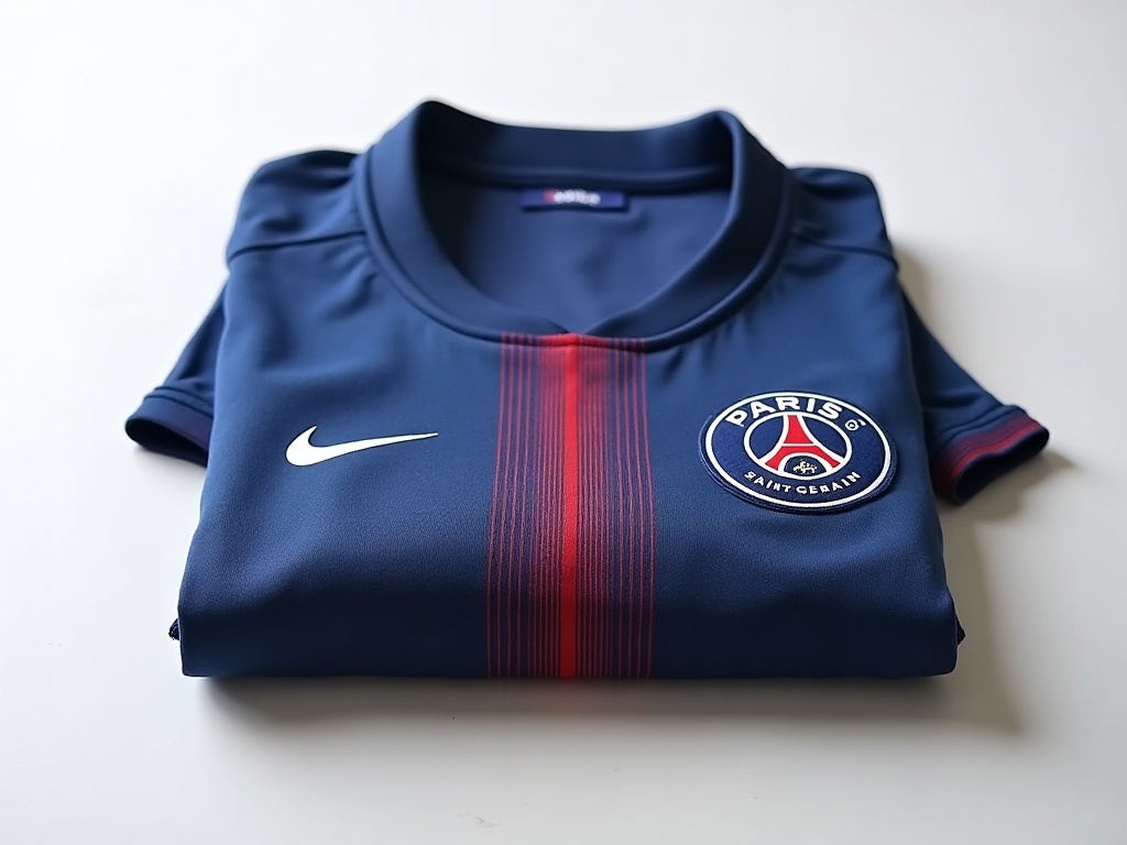 Maillot officiel du PSG replié sur fond blanc