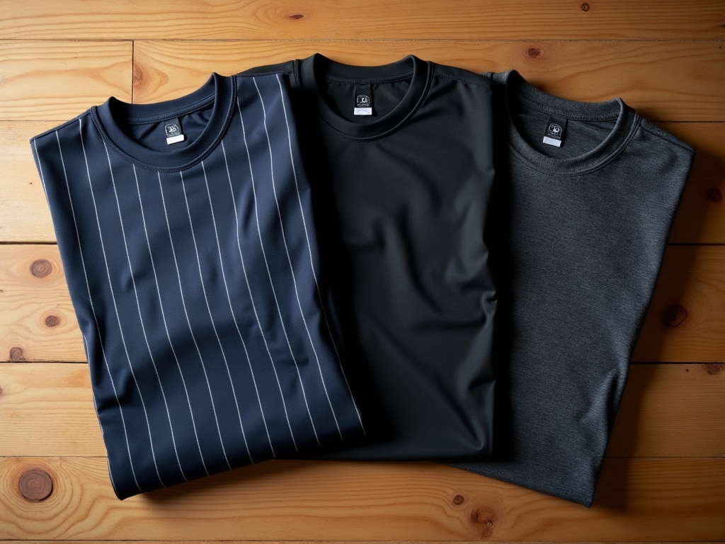 Trois maillots de foot sombres pliés côte à côte pour différentes morphologies