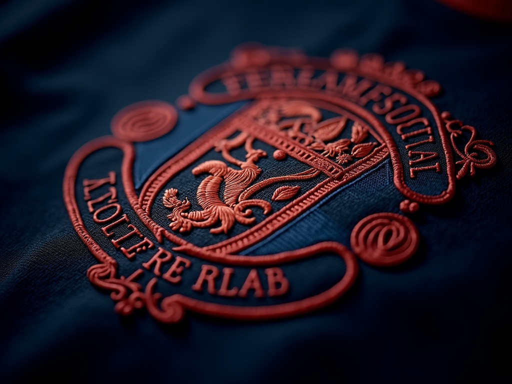 Broderie détaillée de l'écusson d'un maillot de foot officiel