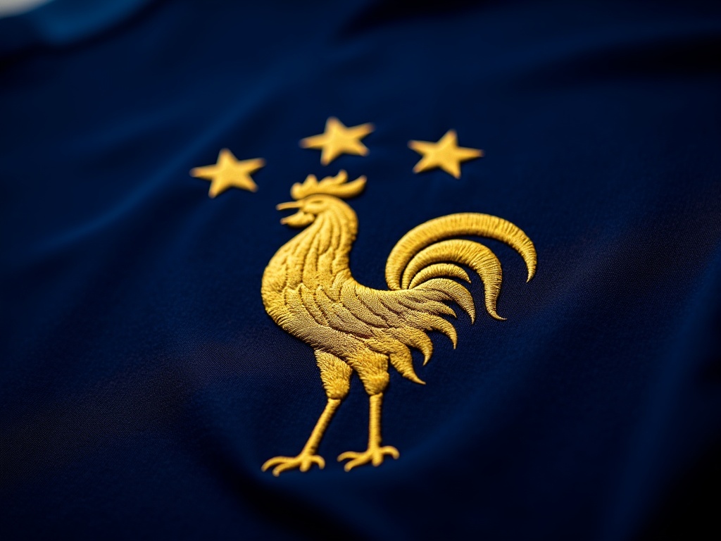 Broderie du coq FFF et étoiles sur un maillot équipe de France officiel
