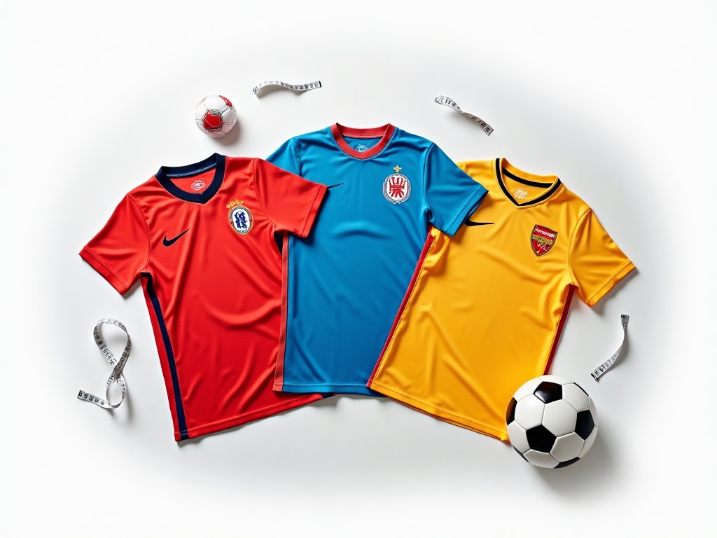 Maillots de foot enfant de différents clubs posés à plat avec un ballon et un mètre ruban