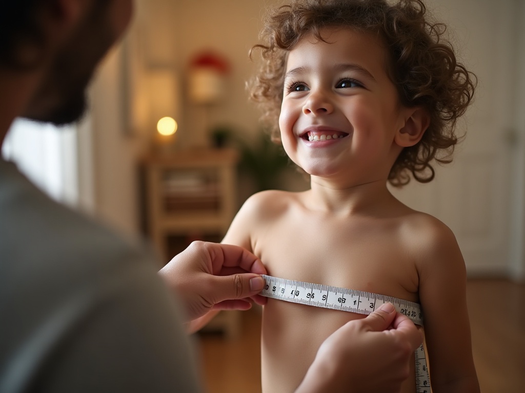 Parent prenant le tour de poitrine d'un enfant pour choisir la bonne taille de maillot de foot
