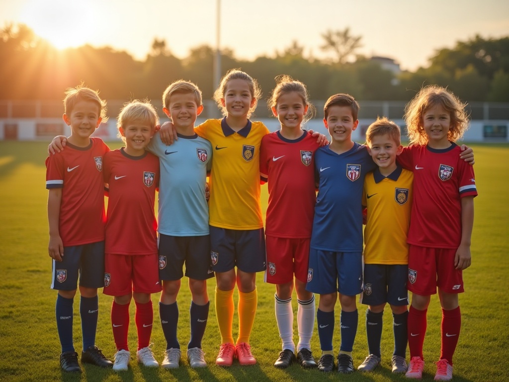 Groupe d'enfants portant des maillots de foot de différents clubs sur un terrain de football