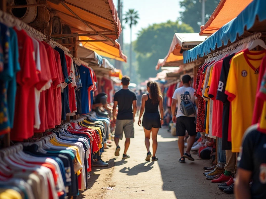 Stand de marché avec des maillots de foot d'occasion accrochés sur des tringles