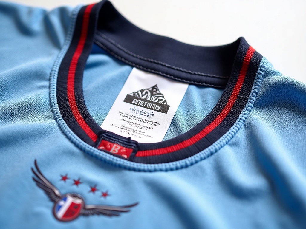 Gros plan sur l'étiquette intérieure et le logo brodé d'un maillot de foot officiel