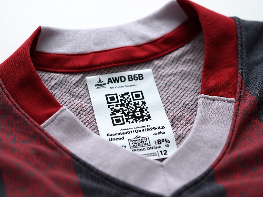 Etiquette intérieure d'un maillot de foot officiel avec code QR et référence produit