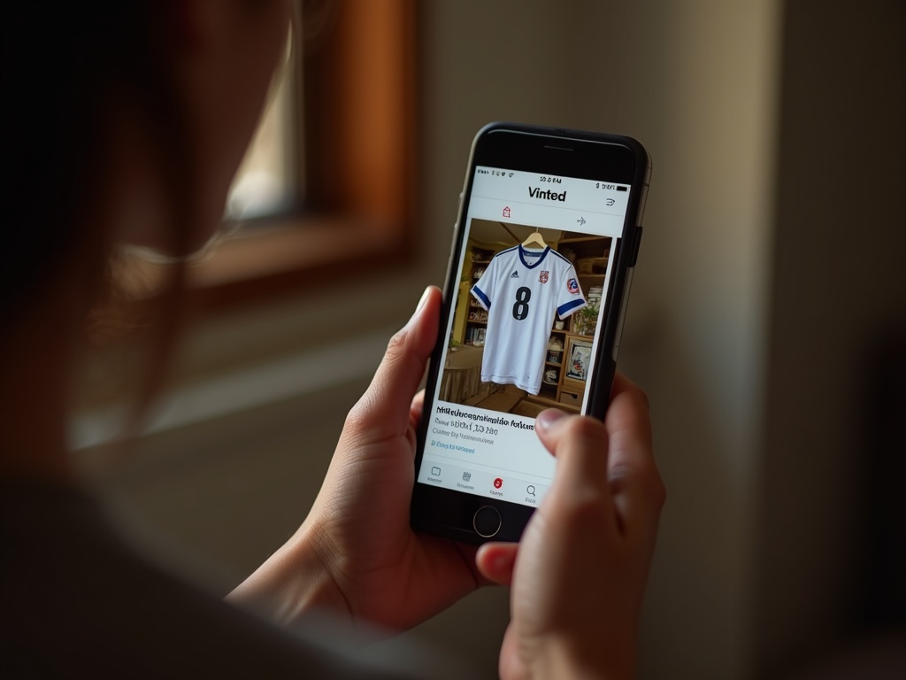 Acheteur vérifiant une annonce de maillot de foot sur l'application Vinted