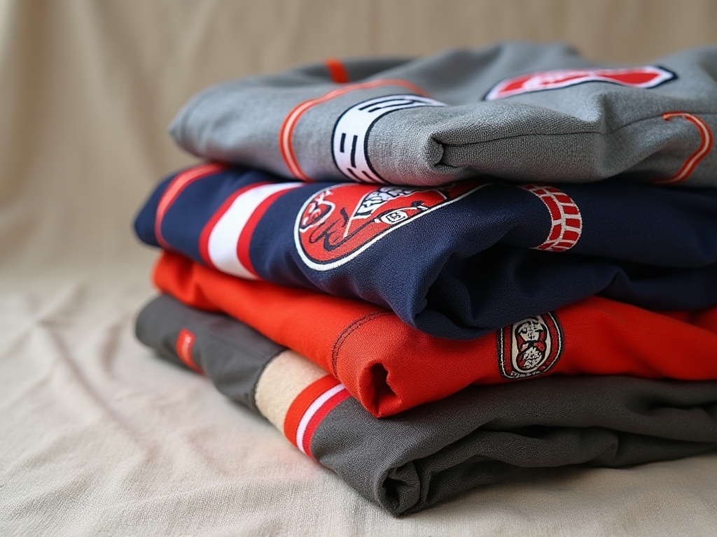 Maillots de foot vintage empilés, textures tissu et écussons de club visibles