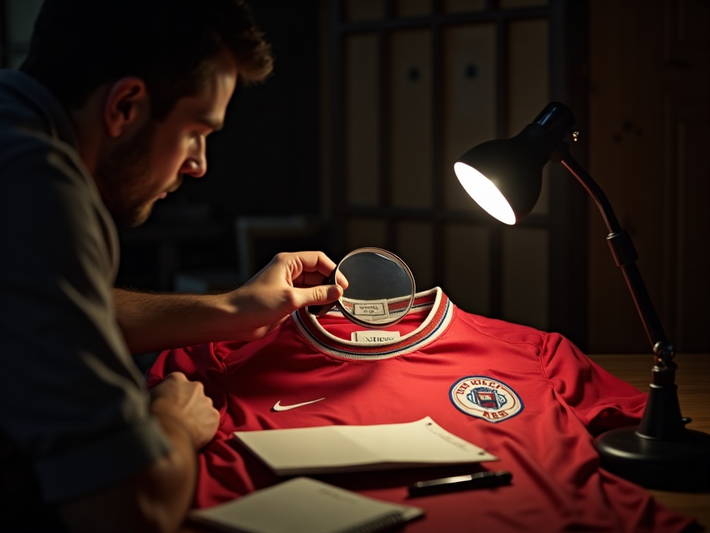 Collectionneur examinant l'étiquette intérieure d'un maillot de foot vintage à la loupe