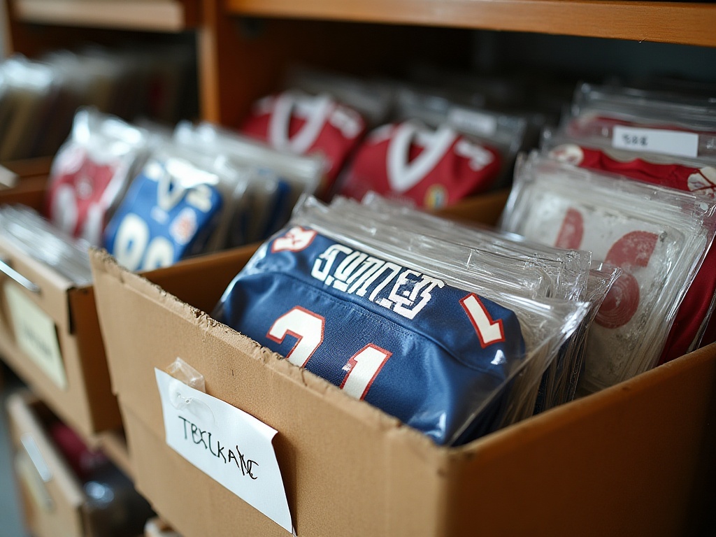 Maillots de foot de collection rangés dans des pochettes de protection hermétiques étiquetées