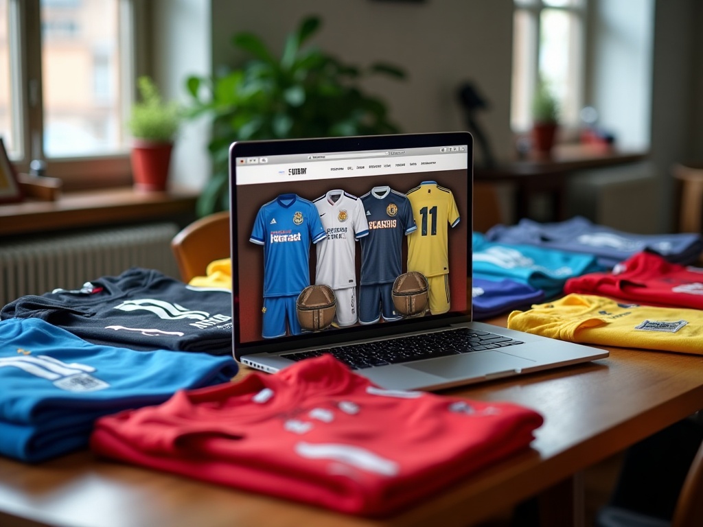Comparatif site maillot foot en ligne sur ordinateur portable entouré de maillots de football