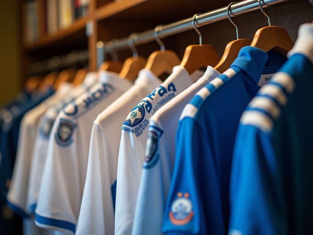 Collection de maillots OM vintage accrochés sur un portant de collectionneur