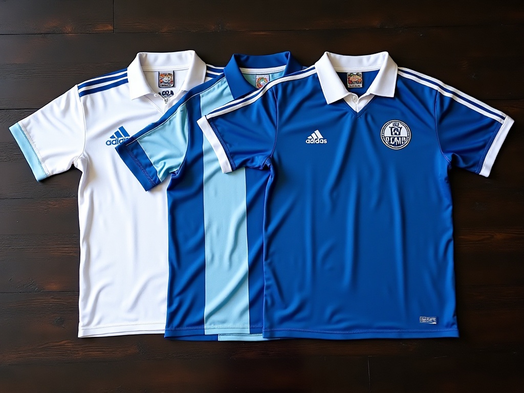 Trois maillots OM vintage de différentes époques côte à côte : Adidas 90s, extérieur bleu, Puma 2000s