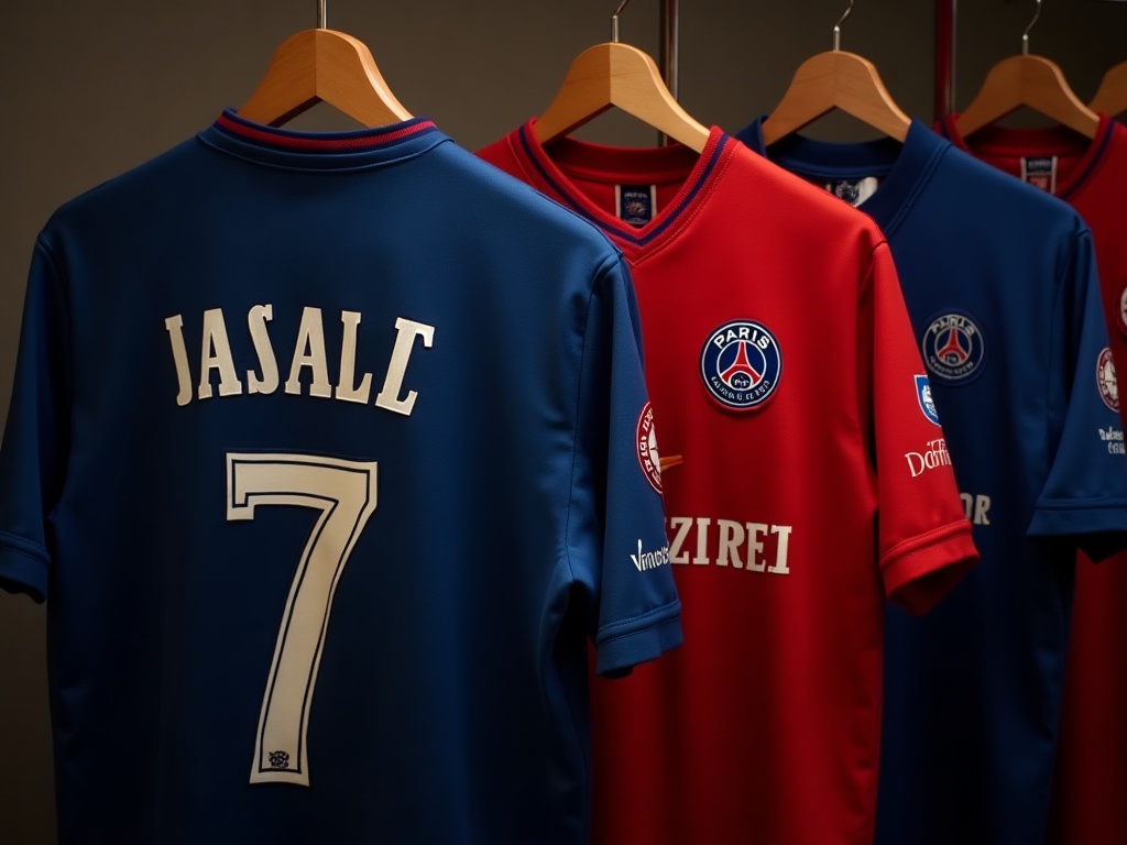 Collection maillots PSG vintage flocage joueur suspendus cintre bois