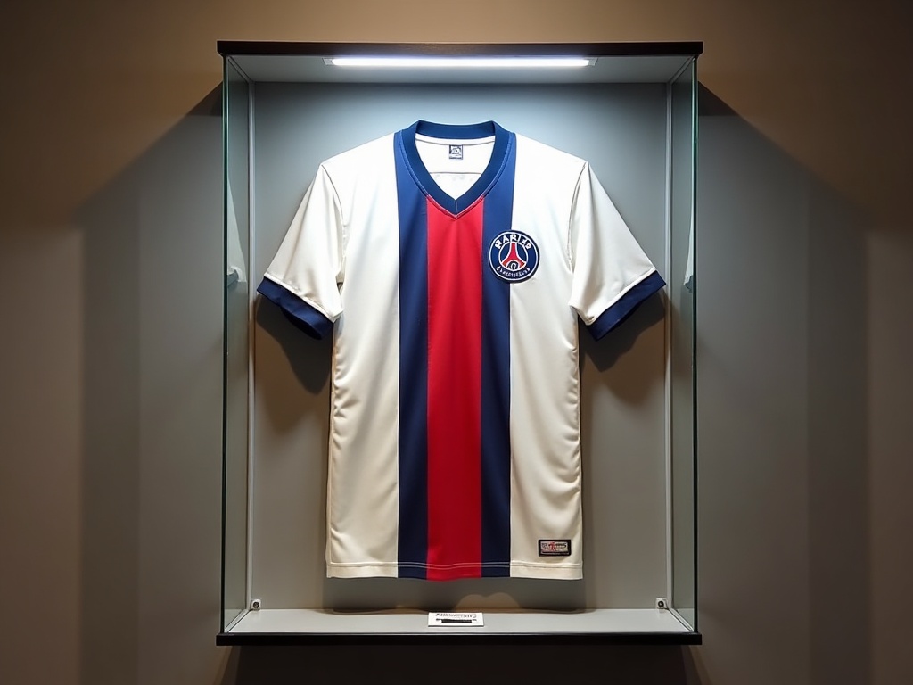 Maillot PSG Hechter bande verticale rouge bleue encadré vitrine UV collection