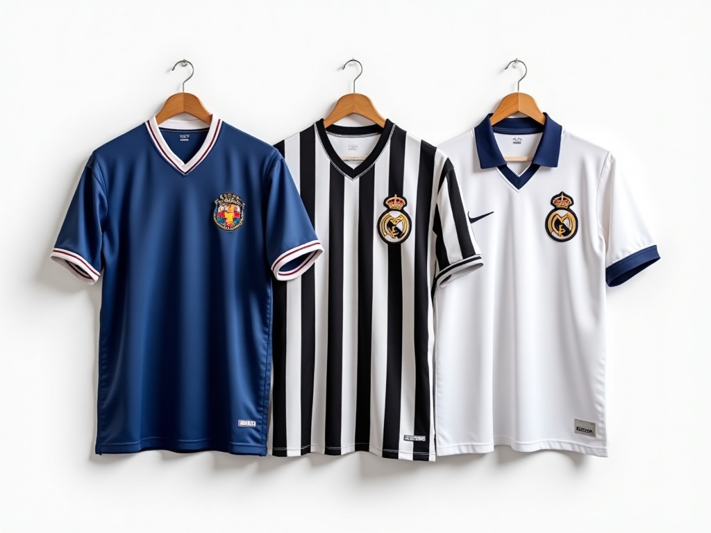Collection de maillots de foot iconiques des années 1990-2000 dont des tuniques France, Juventus et Real Madrid