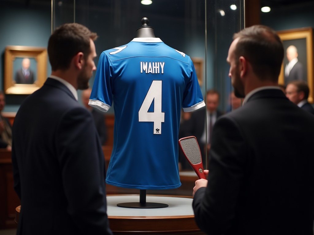 Maillot de foot sous verre lors d'une vente aux enchères de memorabilia sportif