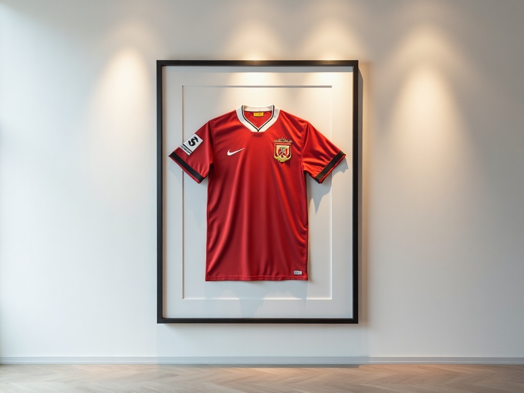 Maillot de foot encadré sous verre UV dans une galerie de collection