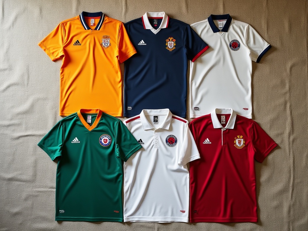 Collection de maillots de foot vintage et éditions limitées posés à plat