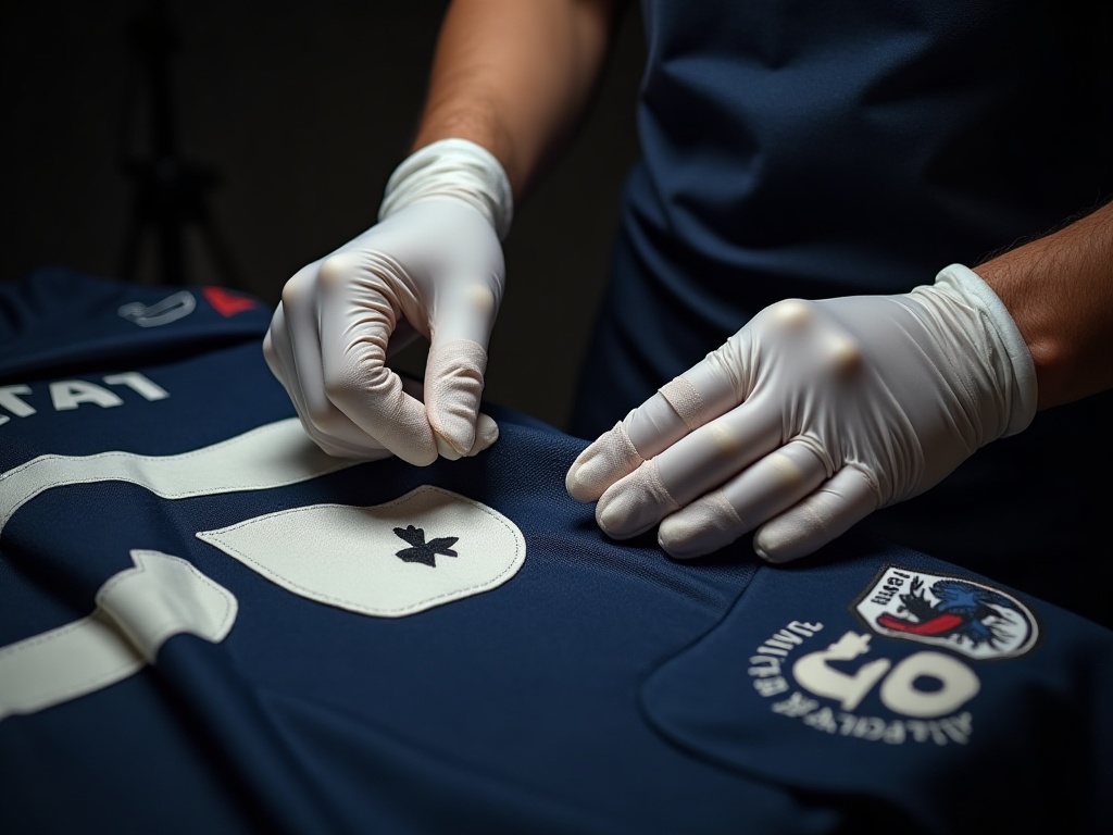 Collectionneur examinant l'authenticité d'un maillot de foot avec des gants blancs