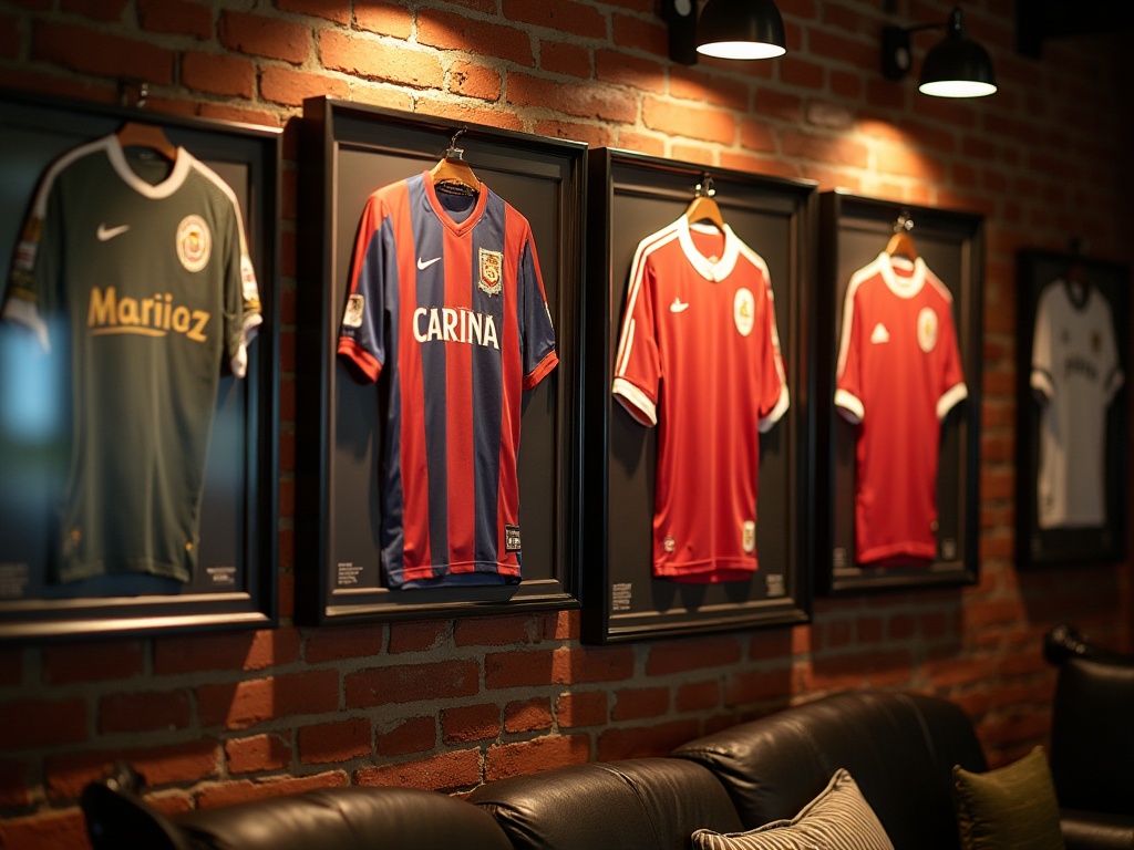 Collection de maillots de foot collectors rares encadrés sur un mur de galerie