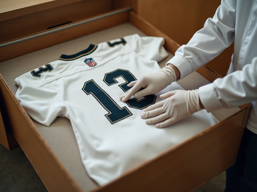 Conservation professionnelle d'un maillot de foot collector rare dans un sac acide-free