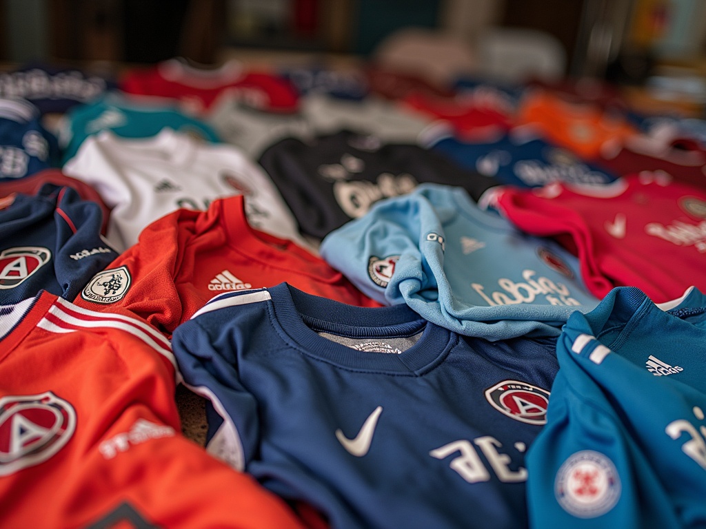 Pile de maillots de foot contrefaits sur un marché, tissu bas de gamme visible