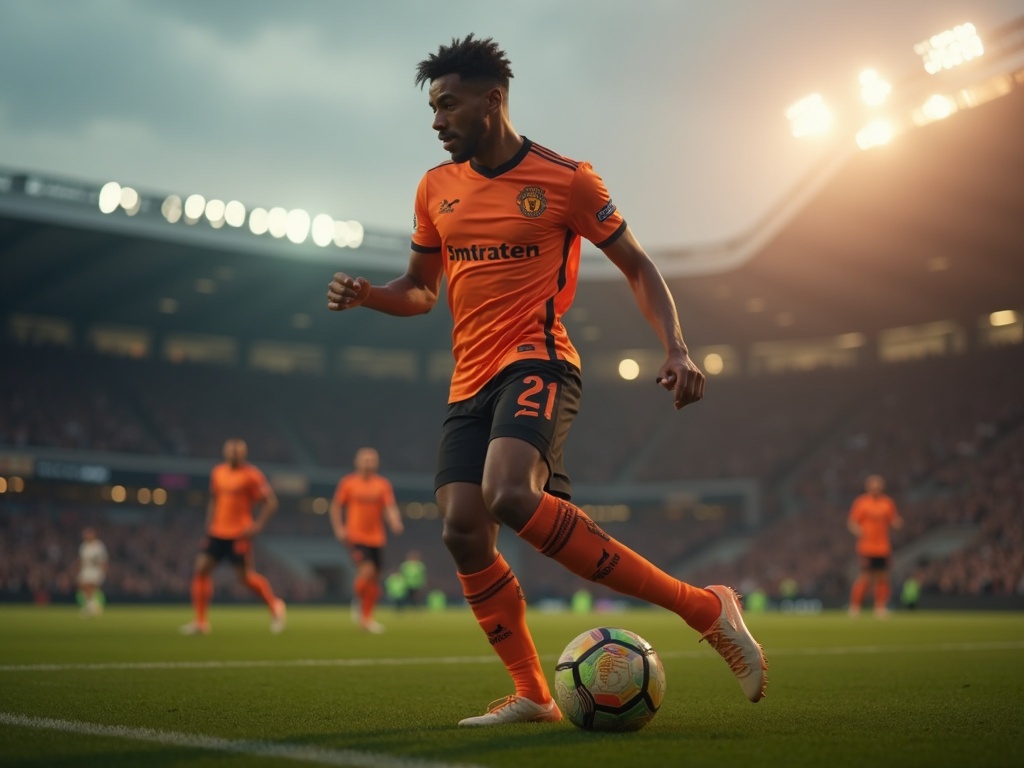Joueur de foot portant un maillot extérieur anthracite et orange électrique 2026 sur un terrain de stade