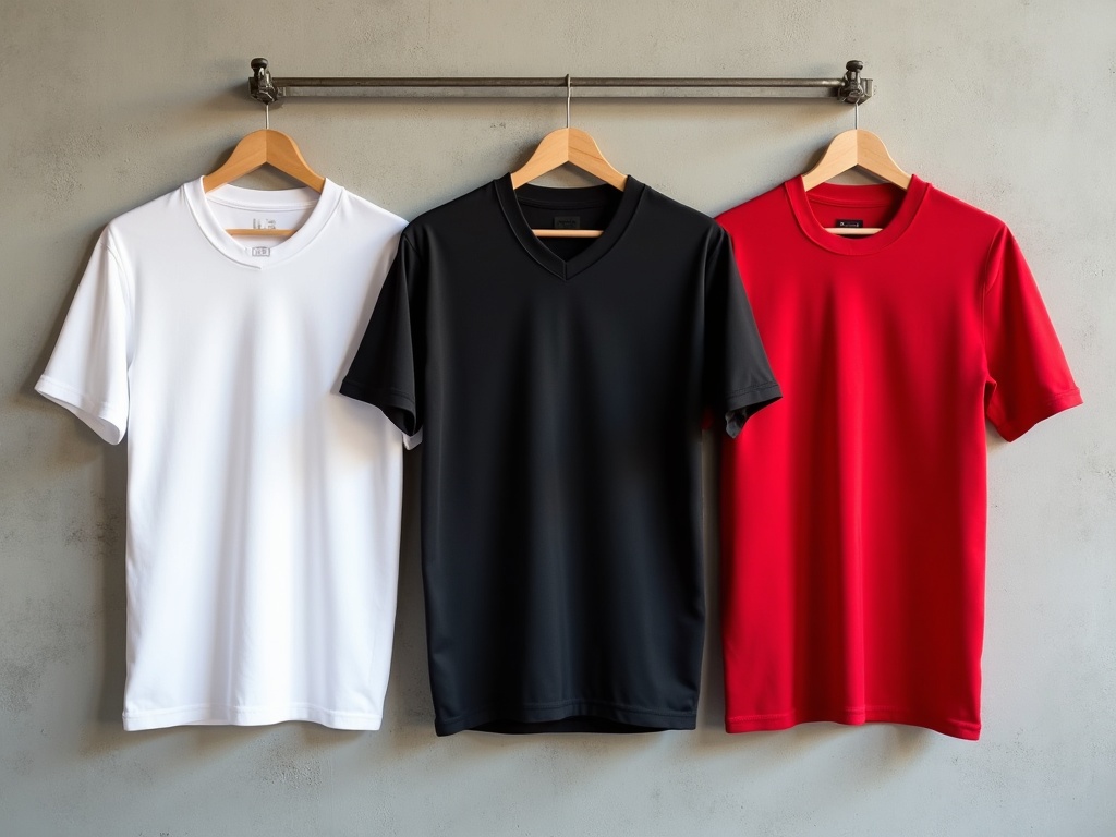 Trois maillots de foot 2026 accrochés sur des cintres en bois : domicile blanc, extérieur noir, third rouge