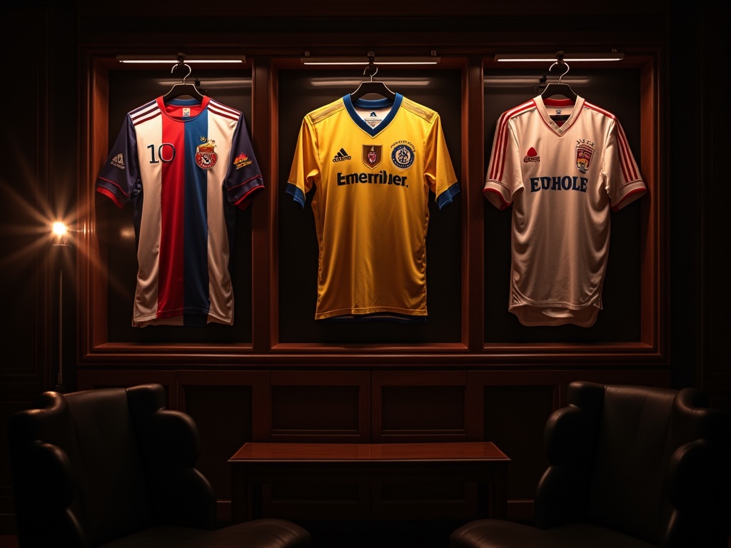Collection de maillots de foot édition limitée présentés comme des œuvres d'art sur un mur de collectionneur