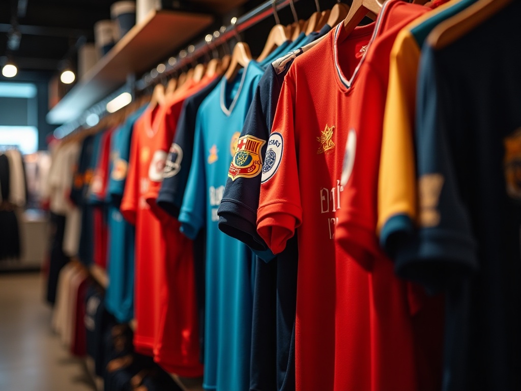Maillots de foot de clubs variés exposés dans une boutique pendant le Black Friday