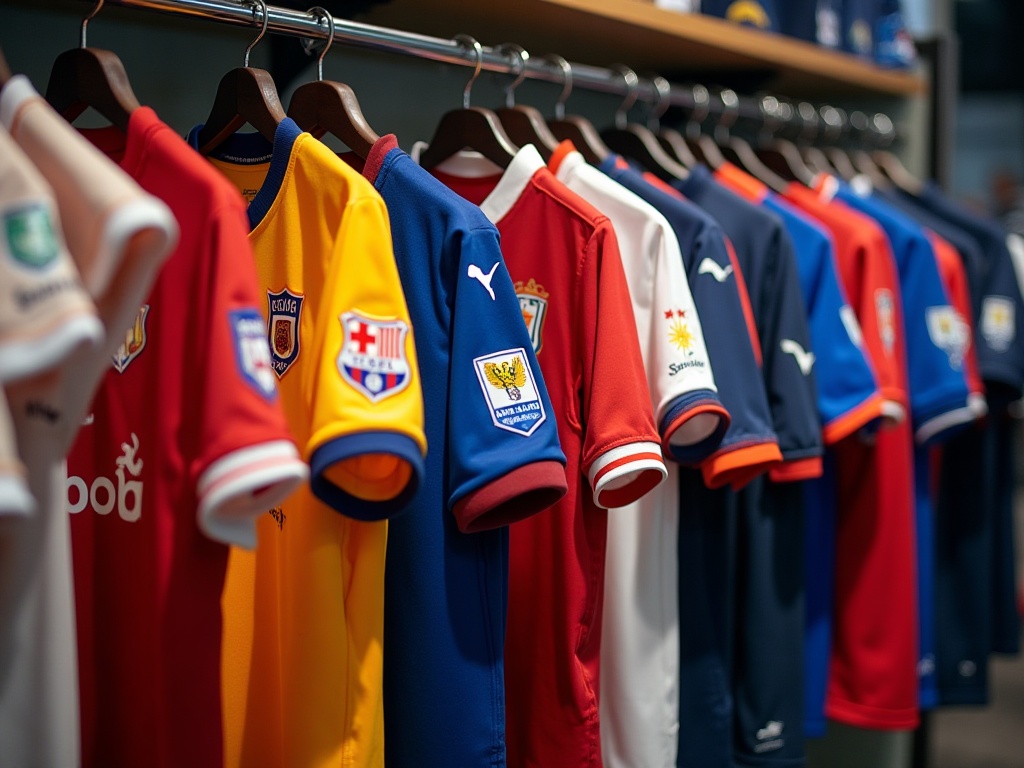Maillots de foot officiels exposés en boutique lors d'un déstockage