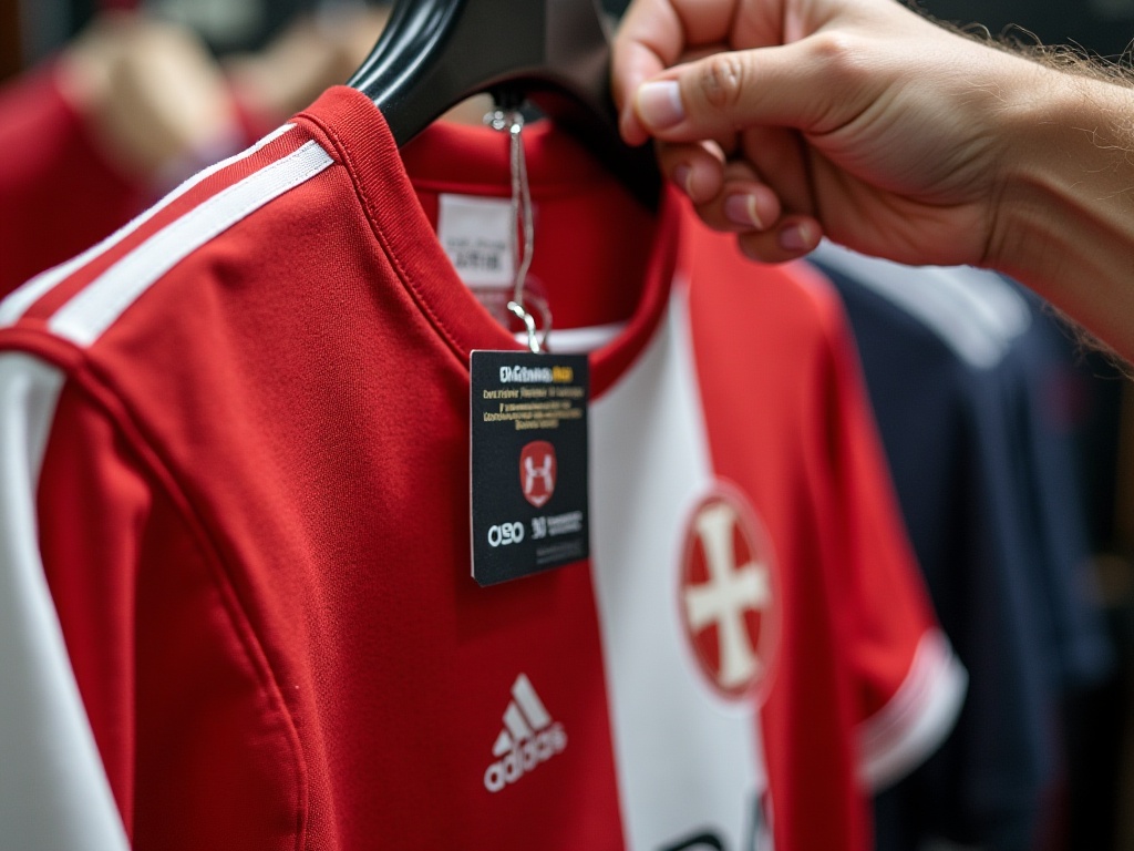 Etiquette d'authentification sur un maillot de foot officiel en déstockage