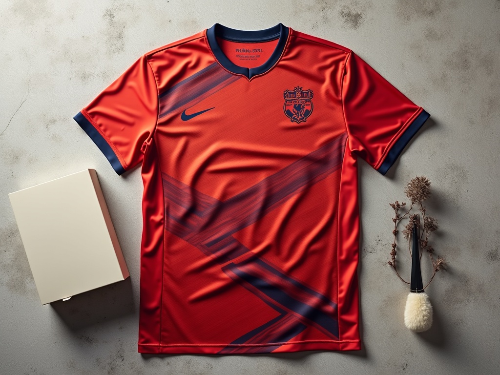 Maillot de foot concept édition limitée présenté avec son packaging sur fond texturé
