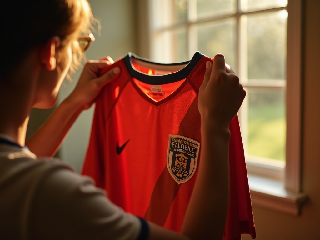 Inspection d'un maillot de foot vintage avant achat sur marché de l'occasion