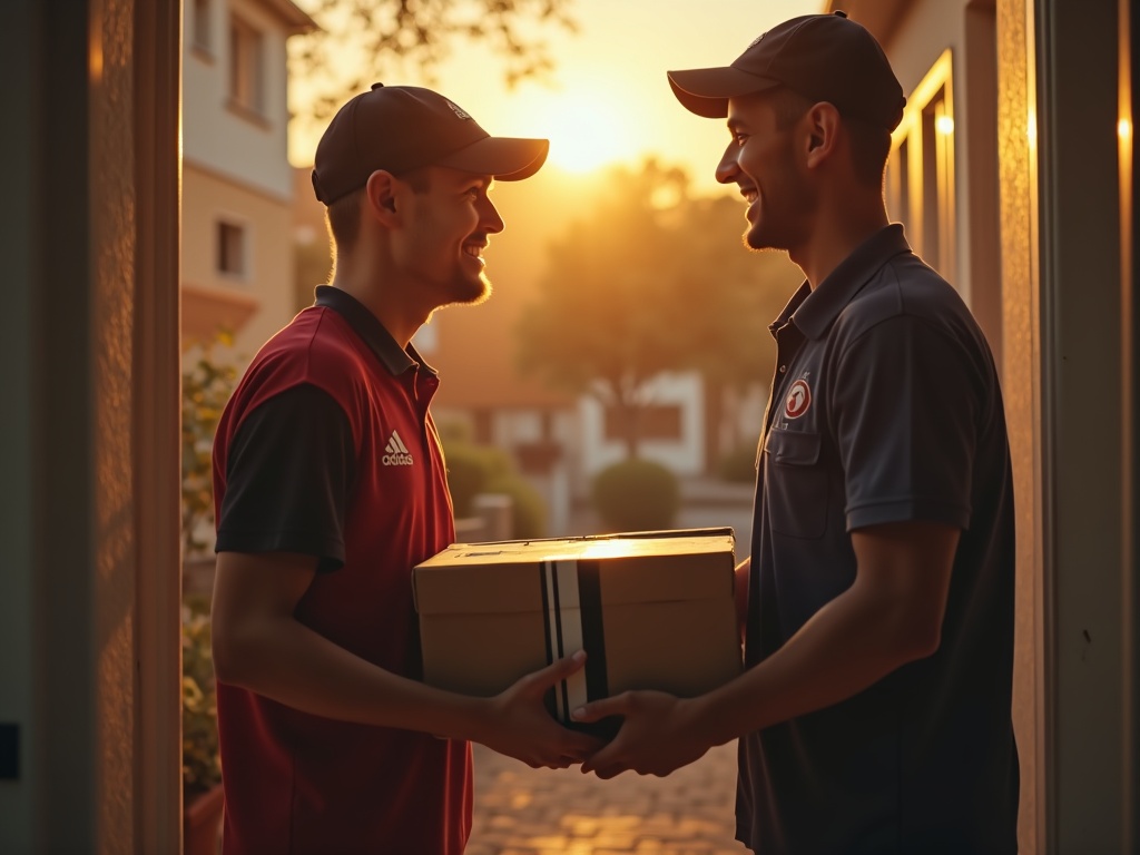 Livreur remettant un colis contenant un maillot de foot à un client