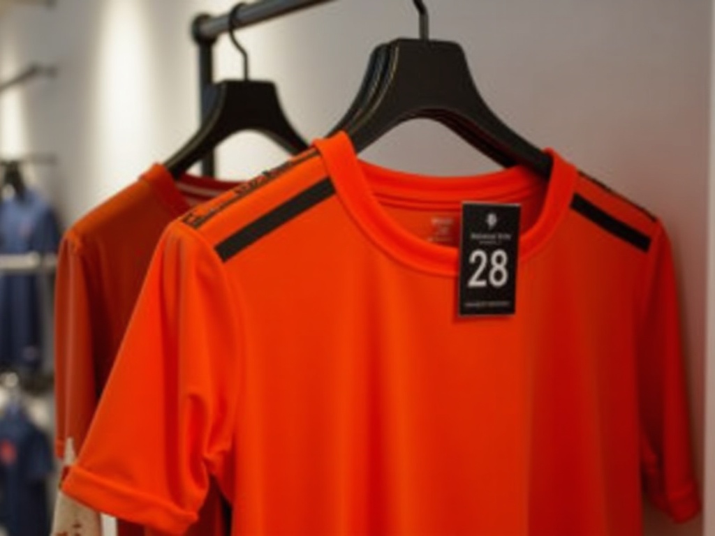 Maillot de foot orange et noir à moins de 30 euros accroché dans une boutique