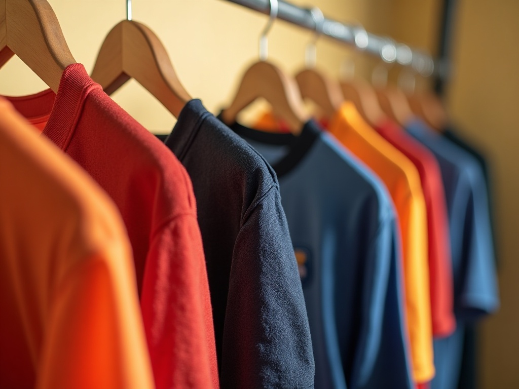 Maillots de foot accrochés sur des cintres, différents clubs et couleurs